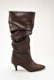 Women's Drawstring Detailed Thin Heeled Long Boots Brown Skin - 6