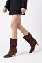 Women's Drawstring Detailed Thin Heeled Short Boots Brown Suede - 2