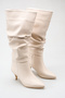 Women's Drawstring Detailed Thin Heeled Long Boots in Nude Skin