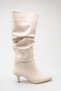 Women's Drawstring Detailed Thin Heeled Long Boots in Nude Skin - 6
