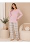 Women's Cotton Pajama Set Pink Long Sleeve with Plaid Pants