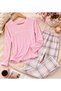 Women's Cotton Pajama Set Pink Long Sleeve with Plaid Pants - 3