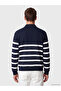 Ozmarka New Season Navy Blue Polo Collar Striped Men's Sweatshirt - 4