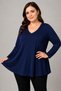 Plus Size V-Neck Long Sleeve Wide Hem Blouse Navy Blue - 2