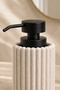 3-Piece Polyresin Striped Bathroom Accessory Set – 350 ml Liquid Soap Dispenser, Toothbrush Holder, and Solid Soap Dispenser, Cream Color with Black Pump, Modern Over-The-Sink Organizer Set - 6