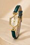 Ganios Special Design Women's Wristwatch – Shiny Emerald Green Minimal Strap, Gold Geometric Case and Stone Detail - 2