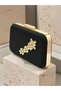 Black Striped Satin Gold Detailed Crystal Stone Chain Strap Women's Evening Dress Bag Wedding Engagement Graduation - 2