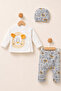 Cute Lion Printed 3D Ear Detailed 3-Piece Baby Set (Bottom - Top - Beanie) - 5
