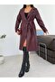 Women's Double-Breasted Collared Belted Faux Leather Long Trench Coat - 2