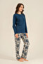 Women's Pajama Set, Combed Modal, 50% Cotton 50% Modal, Buttoned Collar, Patterned, with Pockets - 7