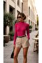 Women's Fuchsia Backless High Neck Long Sleeve Bottom Snap Camisole Fabric Bady Suit Blouse - 3