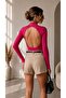 Women's Fuchsia Backless High Neck Long Sleeve Bottom Snap Camisole Fabric Bady Suit Blouse - 2
