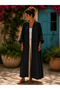 Black Color Bohemian Tassel and Pocket Detailed Linen Kaftan - 5