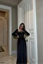 Square Neck Belted Long Sleeve Evening Dress - 2