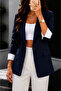 Navy Blue Sleeve Detail Single Button Laser Cut Oversize Blazer Jacket