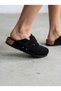 Mc402-Sue Black Genuine Suede Leather Unisex Orthopedic Cork Sole Sabo Slippers with Single Wide Band - 8