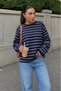 Women's Navy Blue Ecru Striped Loose Cut Long Sleeve T-Shirt Rb006 - 6