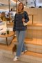 Women's Navy Blue Ecru Striped Oversize Crew Neck Long Sleeve T-Shirt Nns022 - 4