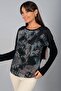 Women's Shoulder Leather Detailed Patterned Round Neck Long Sleeve Blouse - 3
