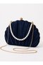 Women's Navy Blue Evening Dress Bag Oyster Pleated Evening Dress Bag Wide Model Evening Dress Bag with Pearls and Stones Handbag - 2