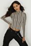 Women's Stone Half Fisherman Zebra Pattern Blouse LPP1133