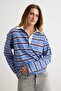 Kahverengi Bej Çizgili Oversize/Geniş Kesim Polo Yaka Örme Sweatshirt TWOAW27SW00139