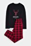 Black Regular Fit Plaid / Deer Printed Knitted Pajama Set Tmnaw27Pt00036 - 4