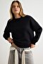 Black Thick Fleece Lined Basic Oversize Crew Neck Knitted Sweatshirt Twoaw27Sw00142 - 2