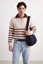 Bej-Kahverengi Regular/Normal Kesim Çizgili Dik Yaka Triko Kazak TMNAW27KZ00010 - 5