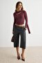 Mürdüm Transparan Fitted/Vücuda Oturan Şal Yaka Super Crop Fake Triko Örme Bluz TWOAW27BZ00238 - 2