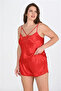 Preum Large Size Red Lace Embroidered Satin Shorts Nightgown Set - 2