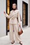 Cupra Suit with Tie-Neck Lace, Ruffles, Belted Pants and Lining - Stone Color - 4