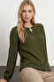 Kadoma Pleated Drop Collar Accessory Knitted Jacquard Combed Cotton Long Sleeve Women's Blouse & Hijab Blouse - Khaki Green - 5