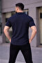 Men's Waffle Fabric Short Sleeve Buttoned Open Collar Regular Fit Shirt - Navy Blue - 4