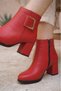 Women's Athens Red Skin Buckle Detailed Heeled Short Boots - 5