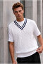 Oxford Relaxed Fit Stripe Collar Braided V-Neck Men's Knitwear Sweater - White - 4