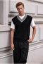 Oxford Relaxed Fit Stripe Collar Braided V-Neck Men's Knitwear Sweater - Black - 5