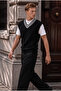Oxford Relaxed Fit Stripe Collar Braided V-Neck Men's Knitwear Sweater - Black - 2