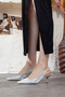 Women's Silvery Pattern Pointed Toe Medium Heel Evening Dress Shoes Imported Material Top Quality - 3