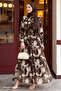 Diva Collar Belted Pleated Chiffon Dress - Khaki - 3