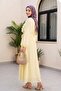 Elastic Waist Belted, Pleated Front, Balloon Sleeve Lined Chiffon Dress - Light Yellow - 4