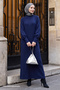 Long Balloon Sleeve Navy Blue Knit Dress