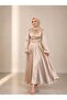 Satin Hijab Evening Dress Belted Spanish Sleeve Long Maxi Dress Cream