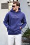 Navy Blue Hooded Pocket Detailed Printed Men's Sweatshirt 7064