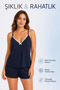 Milan Fabric Mini Polka Dot Patterned Summer Pajama Set with Lace Collar and Soft Texture Navy Blue