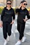 Girl's Hooded Stripe Printed Diver Fabric Tracksuit Set with Sleeve Pockets Esf7031 - 4