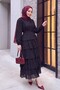 Half-Buttoned, Layered Skirt, Elasticated Sleeves, Belted Crinkle Dress - Black - 3
