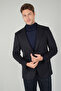 Navy Blue Polyester Wool Buttoned Comfort Mono Collar Double Slit 6 Drop Jacket