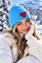 BLUE WOOLED BEANIE SILVERY RED HEART PUNCH PATTERNED HAT - 2