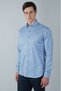 Long Sleeve Pasha Collar Pocketless Blue Cotton Men's Shirt